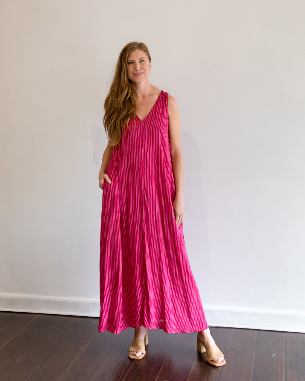 Natalie Martin Tova Maxi Dress in Fuchsia Stripe With Sash