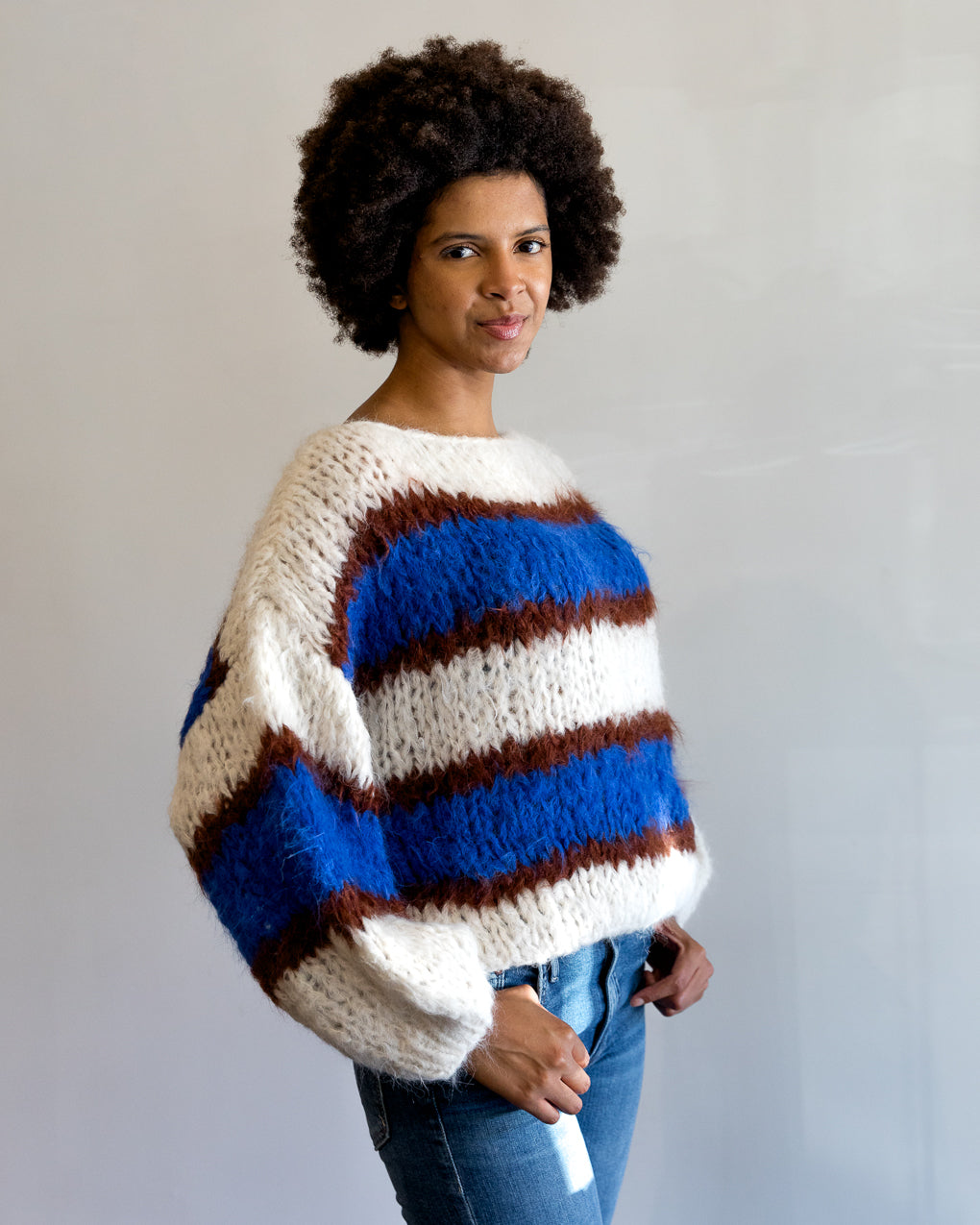 Maiami Alpaca Big Sweater in Double Stripe Electric Blue