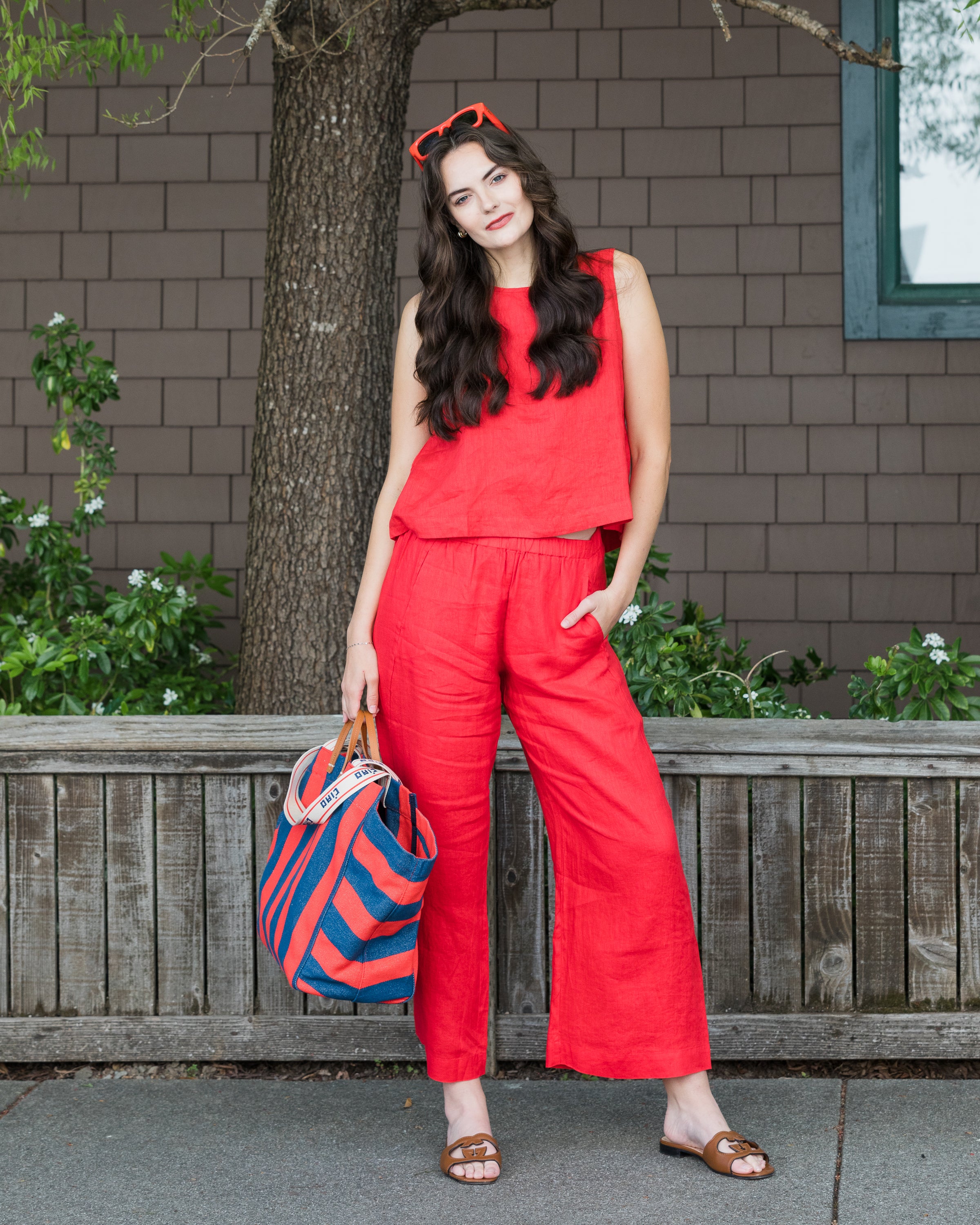 Clare V. Canvas Stripe Beach Tote in Poppy/French Blue
