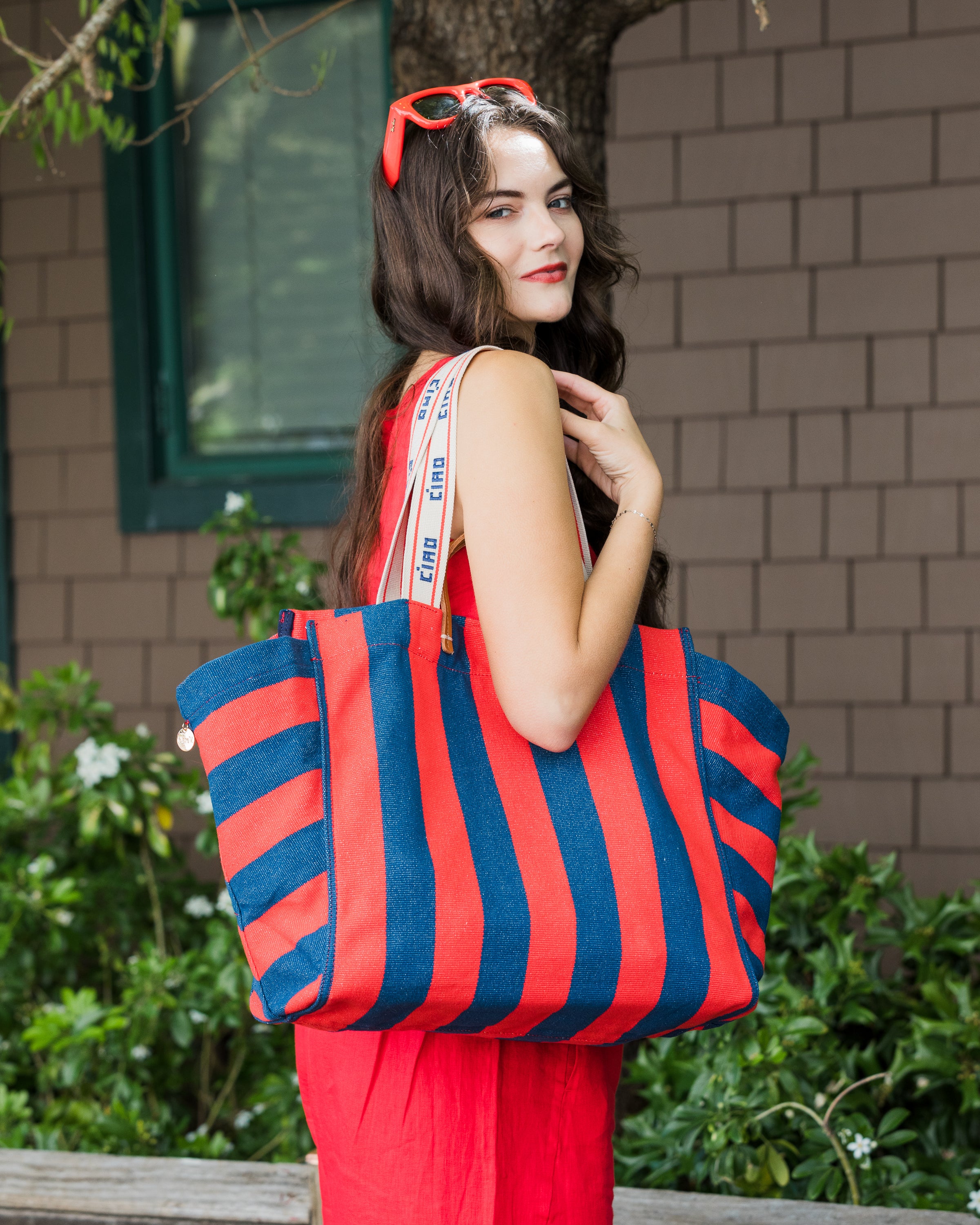 Clare V. Canvas Stripe Beach Tote in Poppy/French Blue