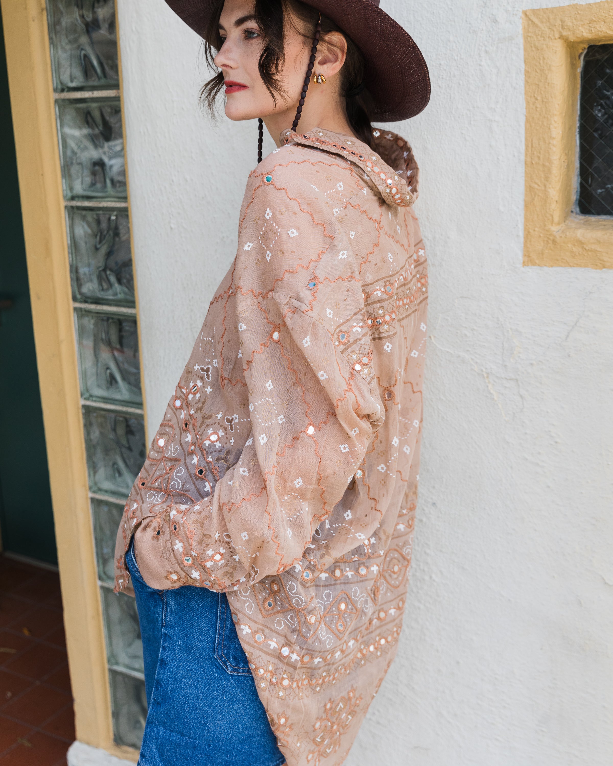 Juliet Dunn Mosaic Print Mirrored Shirt Mocha