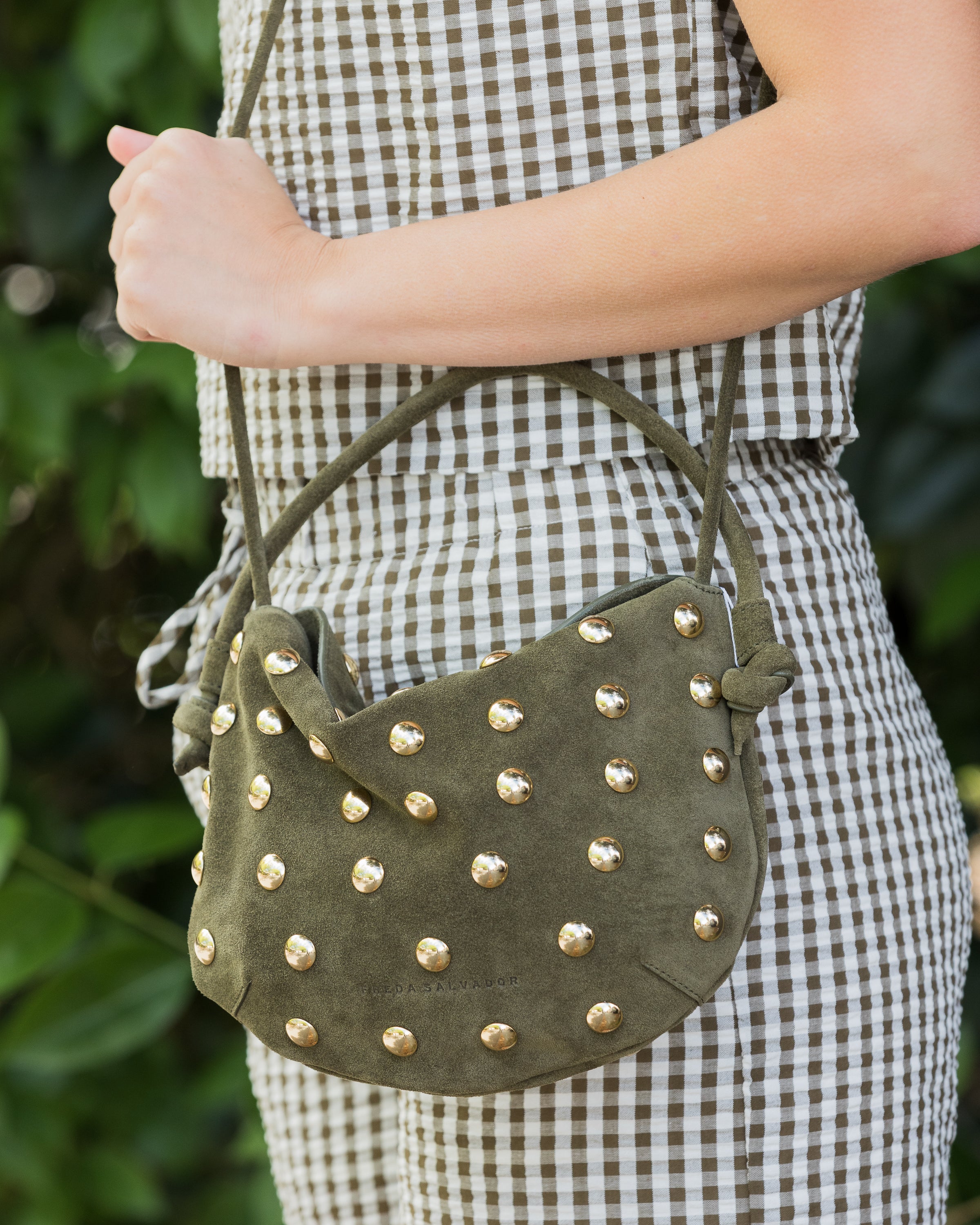 Freda Salvador Elis Mini Crossbody Bag in Olive Suede with Gold Studs