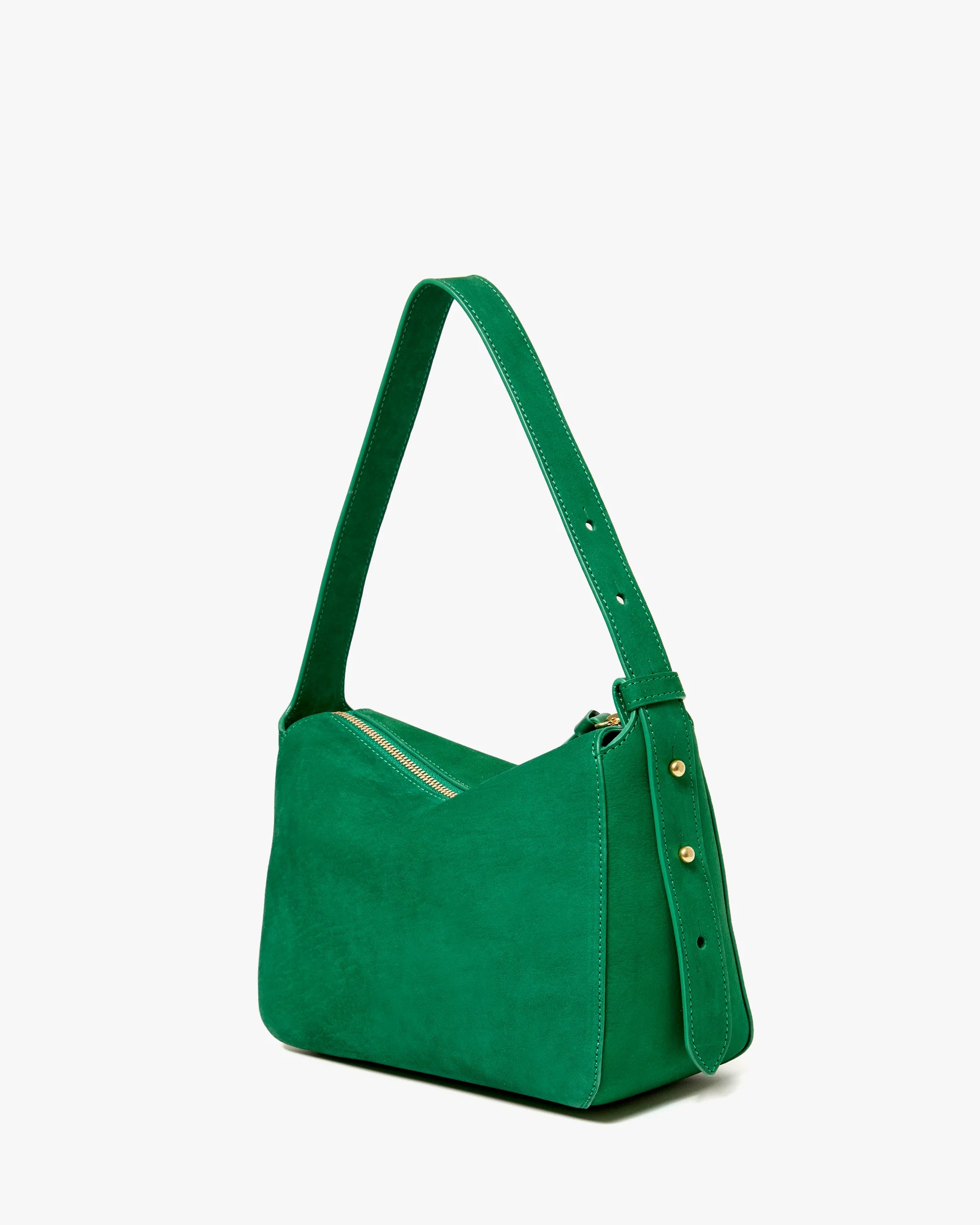 Green handbag with a strap on a white background