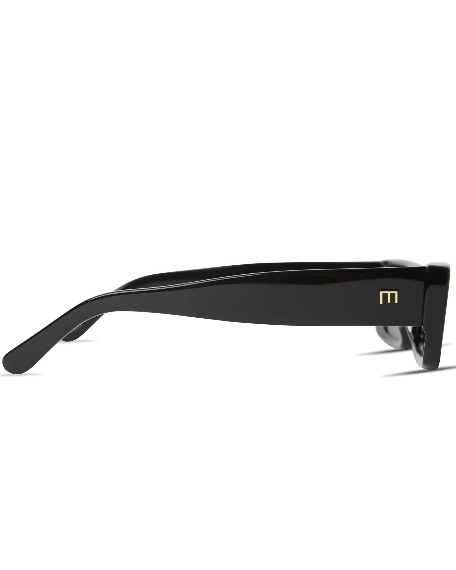 Black sunglasses with a logo on a white background