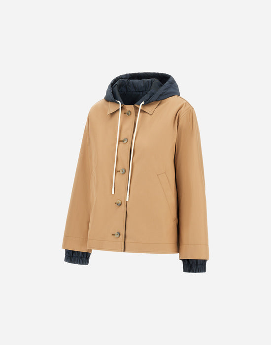Herno Cotton and Taffeta Reversible Jacket with Hood in Camel/Blue