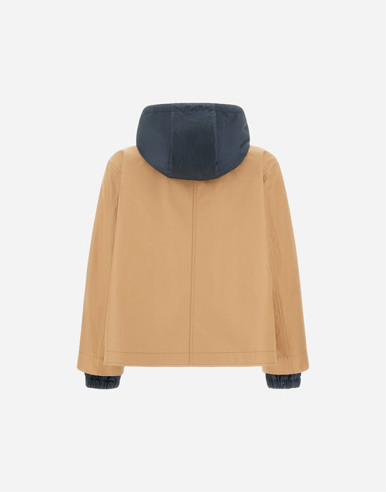 Herno Cotton and Taffeta Reversible Jacket with Hood in Camel/Blue