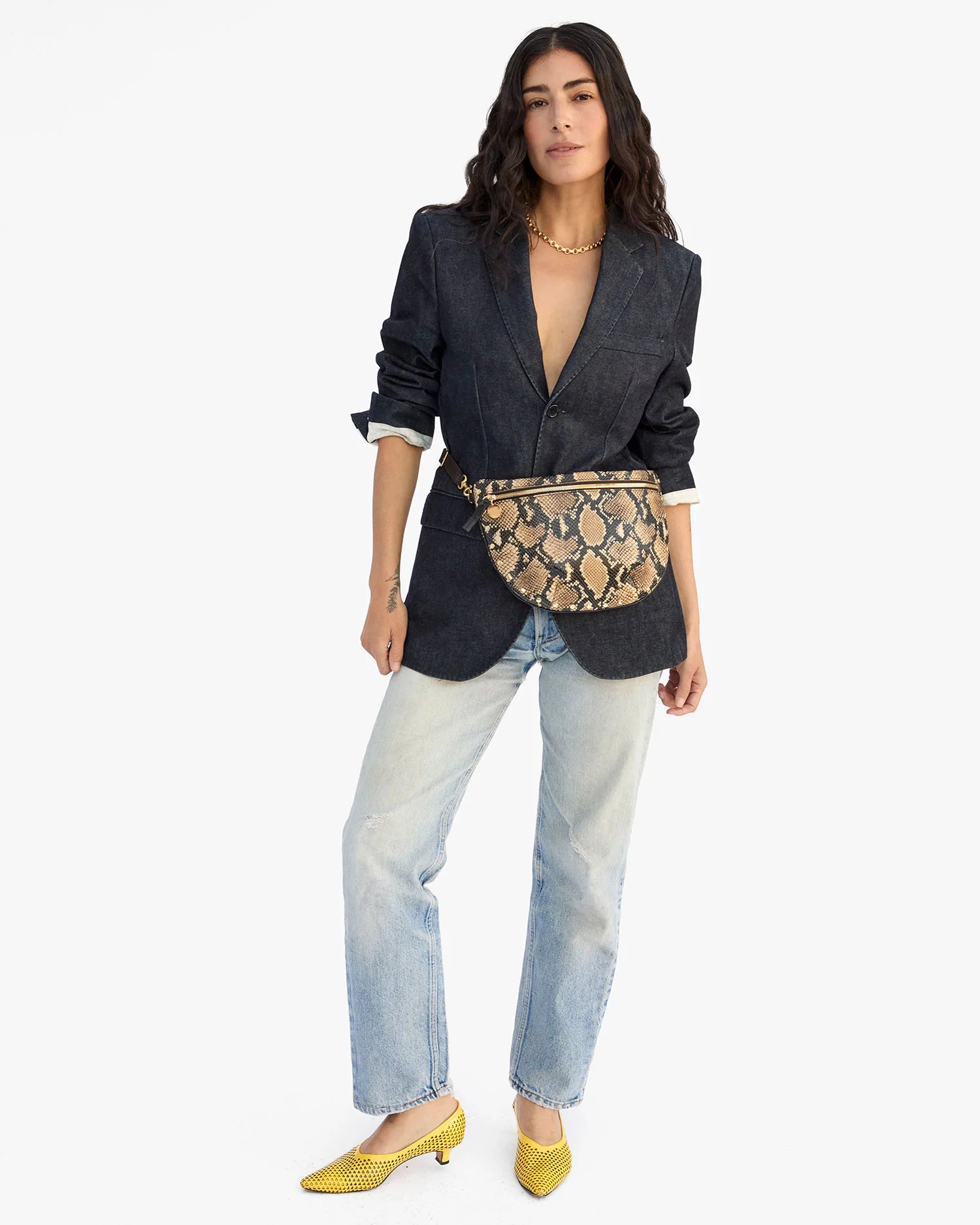 Clare V. Grande Fanny in Desert Snake w/ Piping & Studs