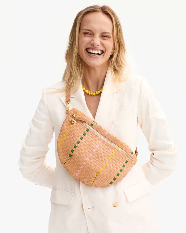 Clare V. Grande Fanny in Bisque Woven Checker w/ Stripe