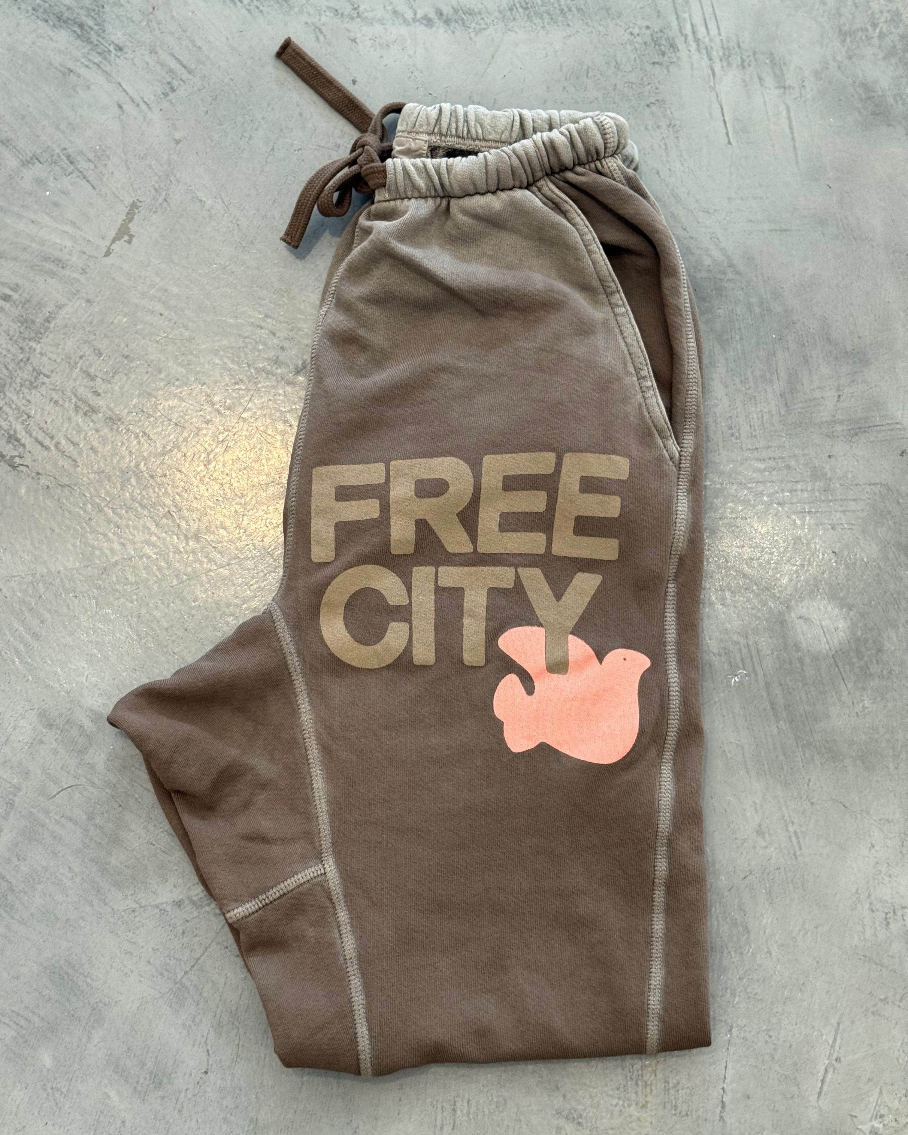 Brown dog coat with 'Free City' logo on a gray surface