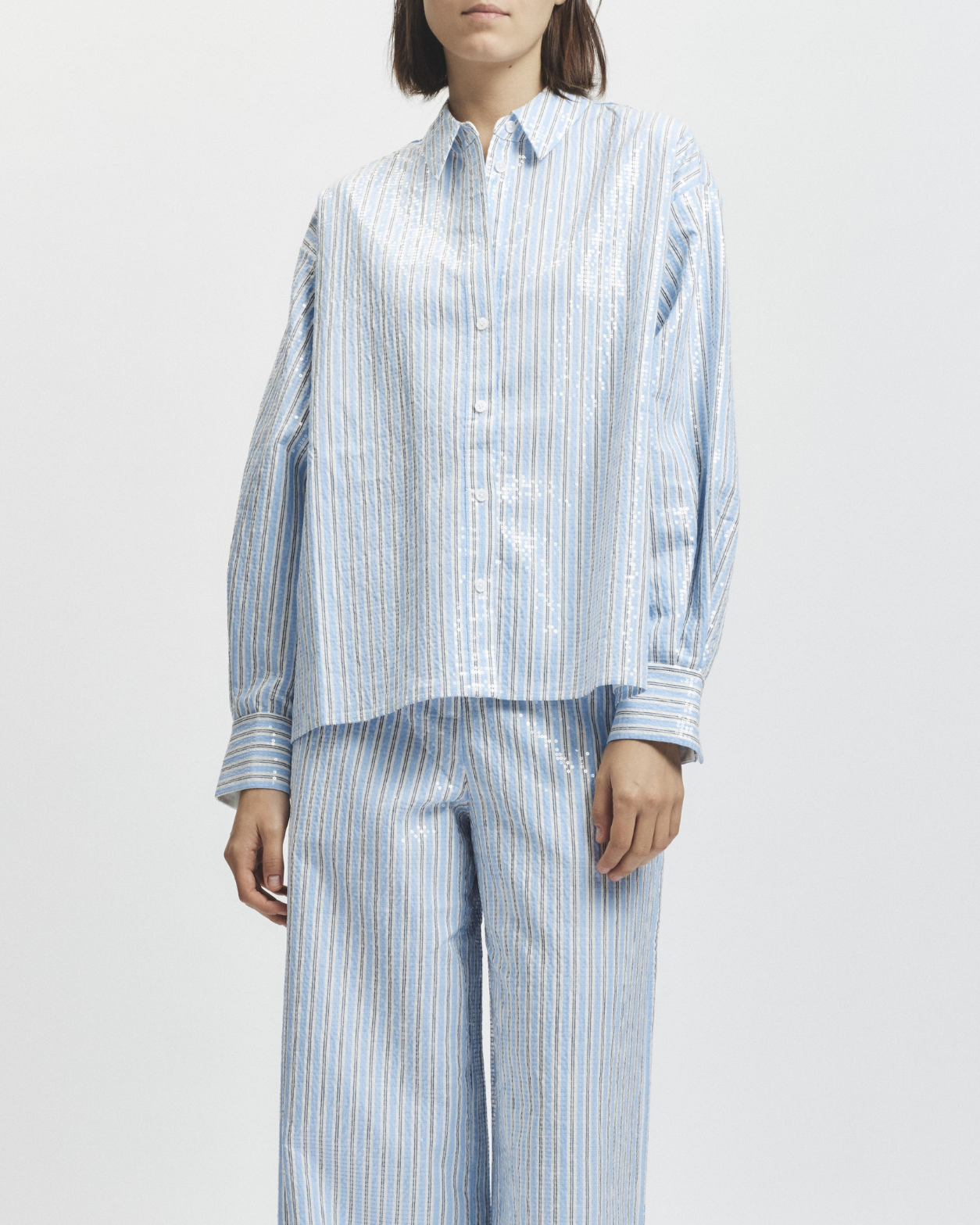 Bradley Sequin Pinstripe Blouse, Blue Stripe