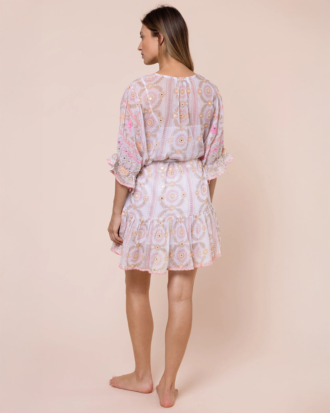 Juliet Dunn Tie Waist Mirrored Mexican Print Mini Dress in White/Pink