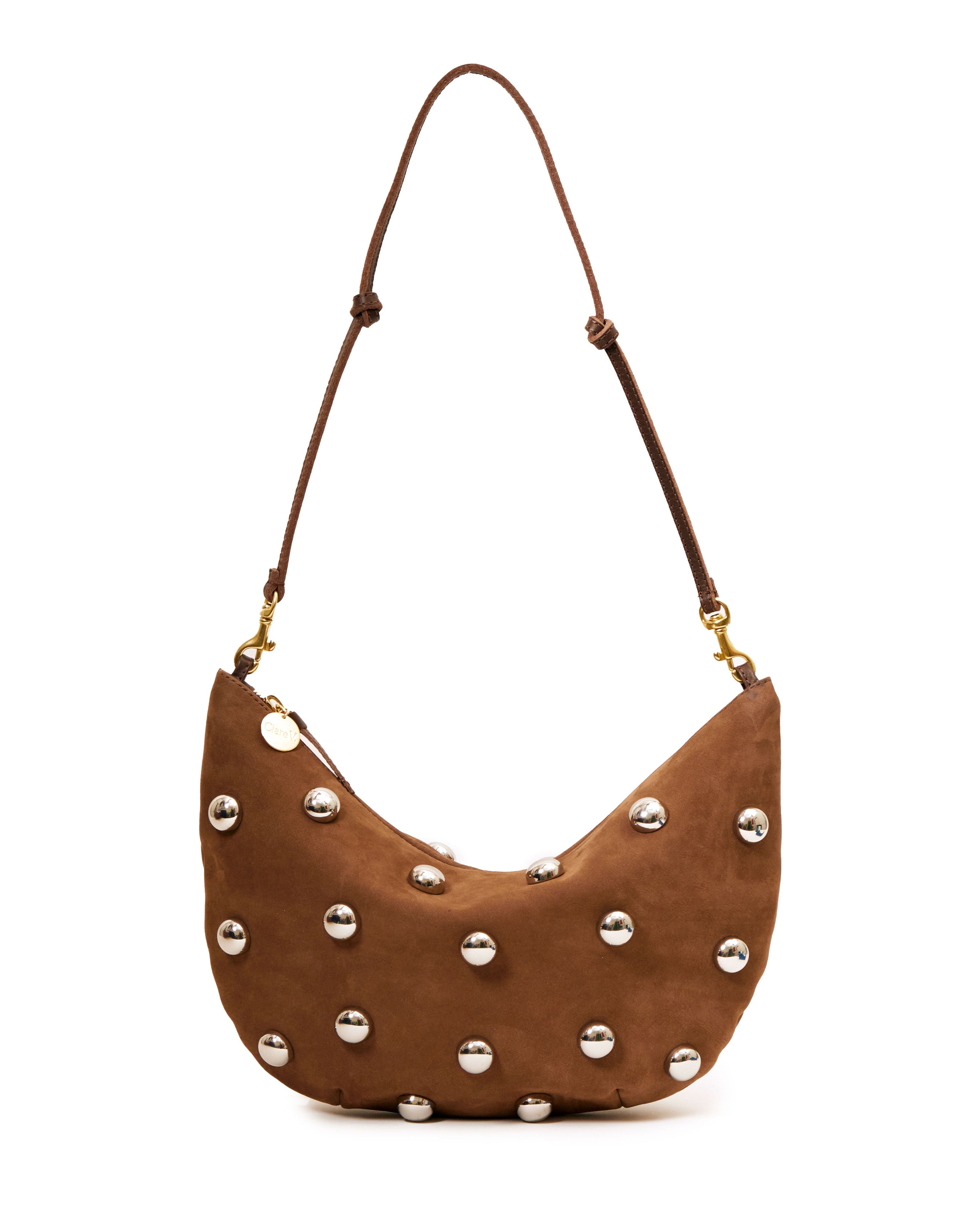 brown crescent shoulderbag w/ silver studs