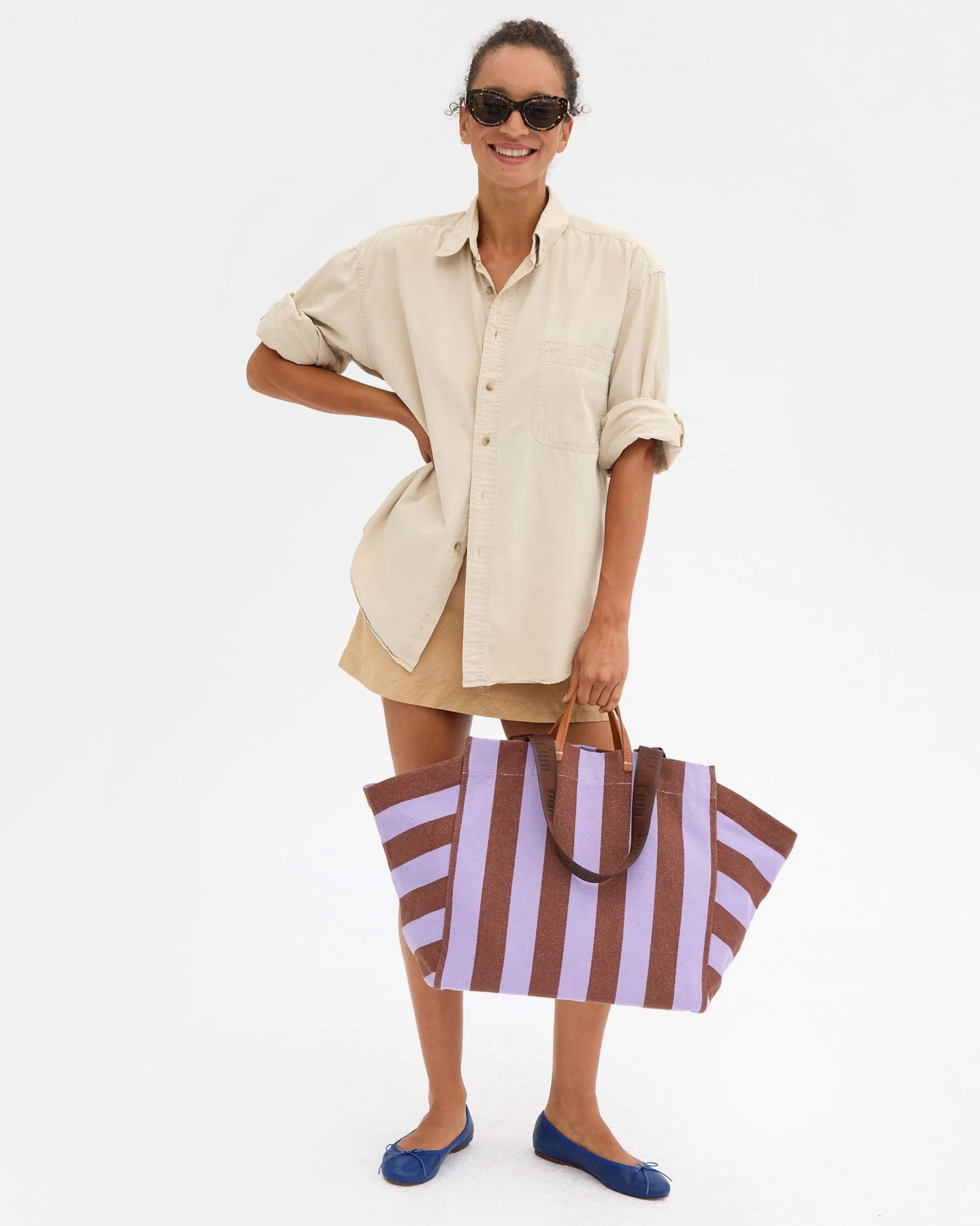 Clare V. La Cote Canvas Beach Tote in Jacaranda/Hazelnut Stripe