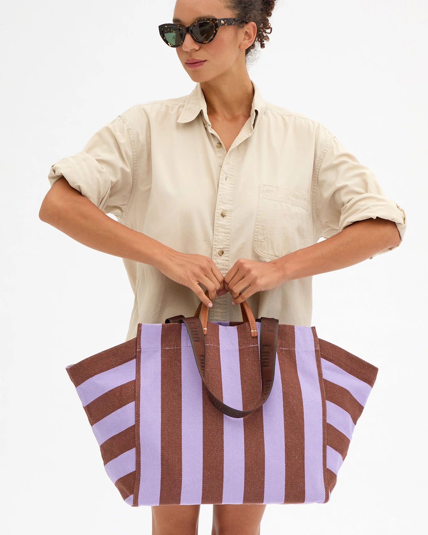 Clare V. La Cote Canvas Beach Tote in Jacaranda/Hazelnut Stripe
