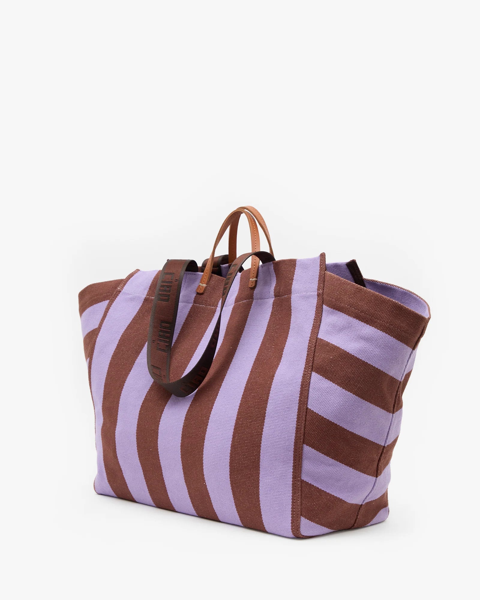 Clare V. La Cote Canvas Beach Tote in Jacaranda/Hazelnut Stripe