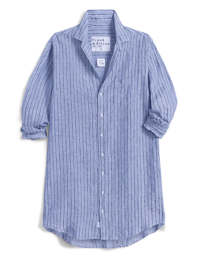 Blue striped shirt on a white background with 'Frank & Eileen' label.
