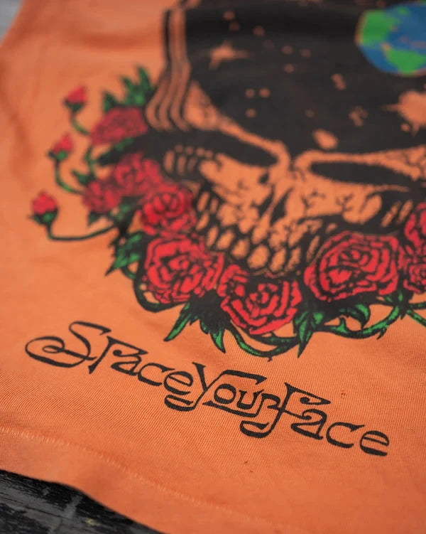 Orange Grateful Dead tee with  skull and roses design and 'Space Your Face' text
