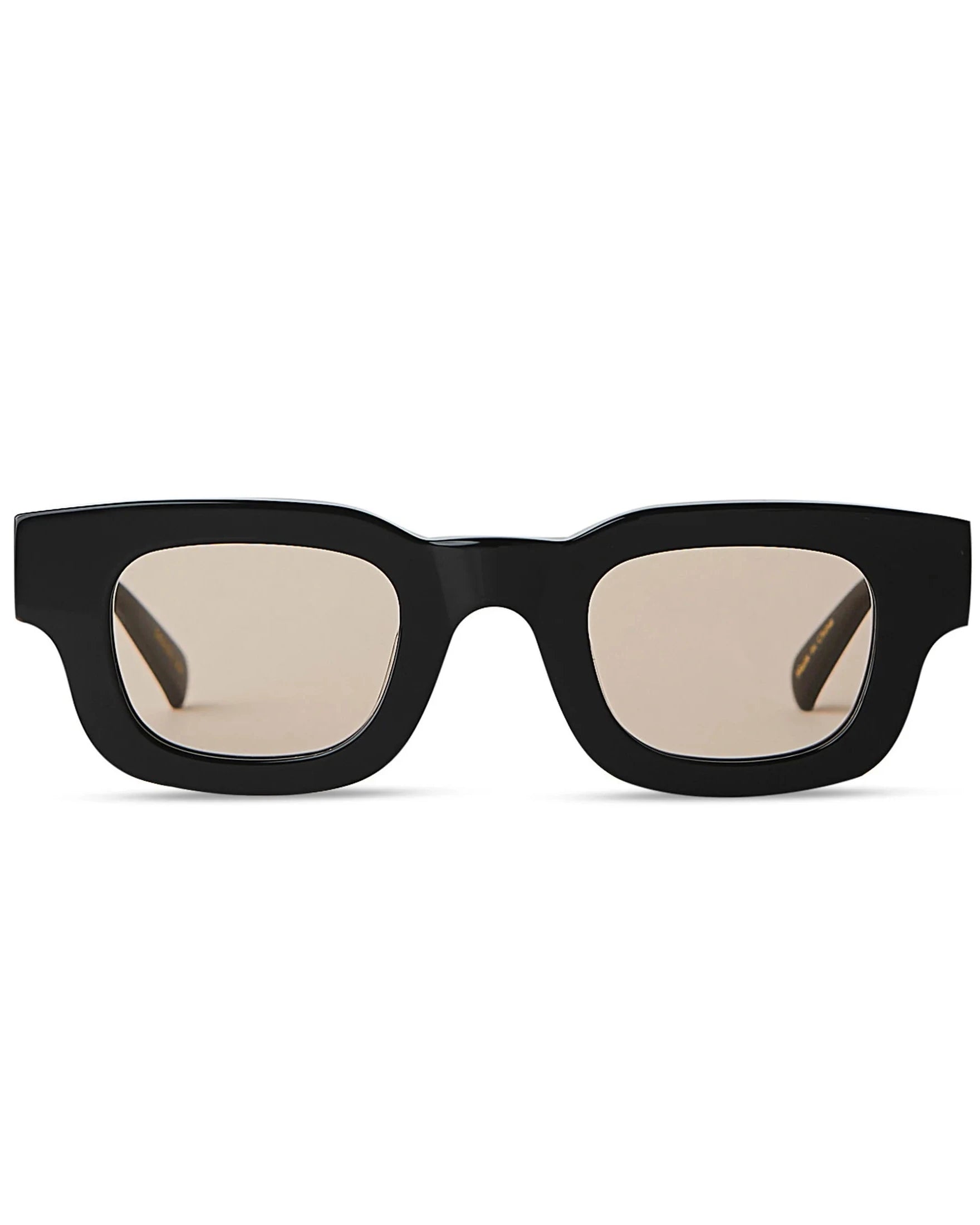 Black sunglasses with reflective lenses on a white background