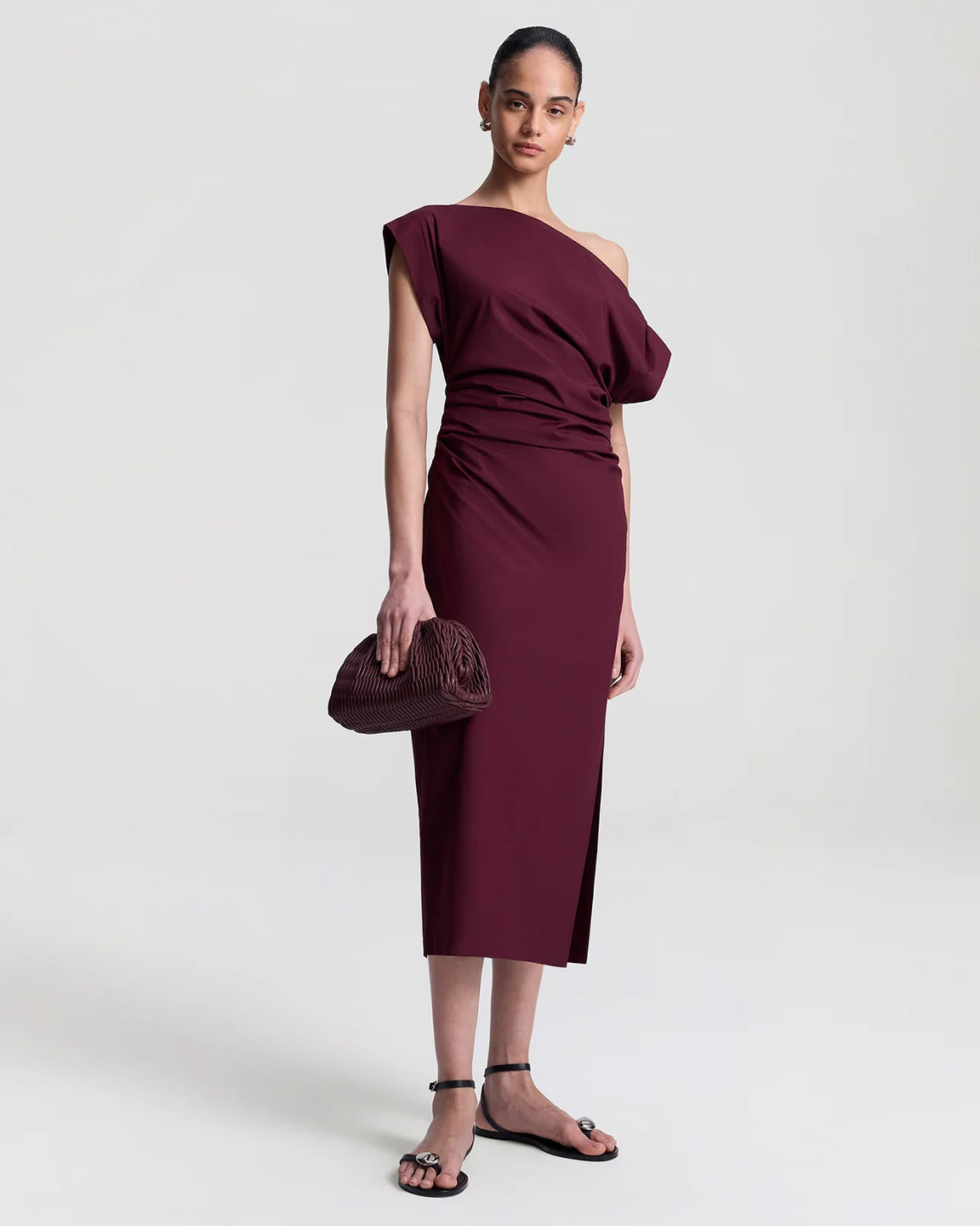 A.L.C. Nara Stretch Cotton Off Shoulder Midi Dress in Plum