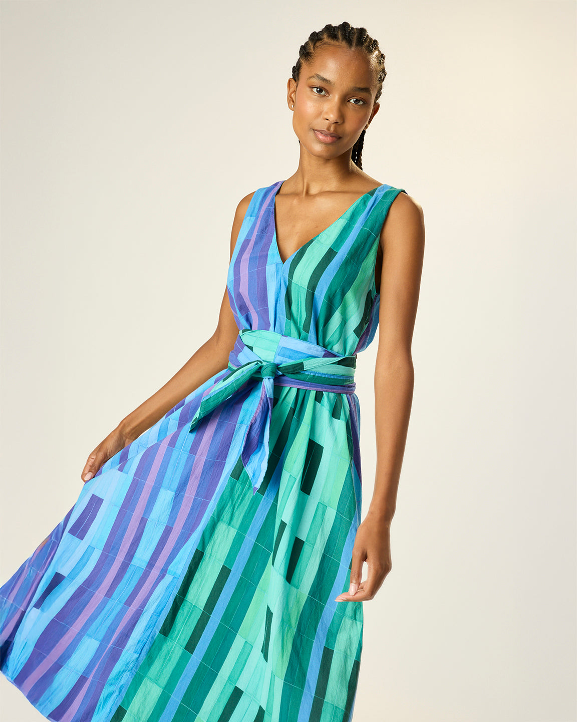 Natalie Martin Tova Maxi with Matching Sash Belt in Sea Glass Cotton Green/Sea Glass Cotton Blue Combo