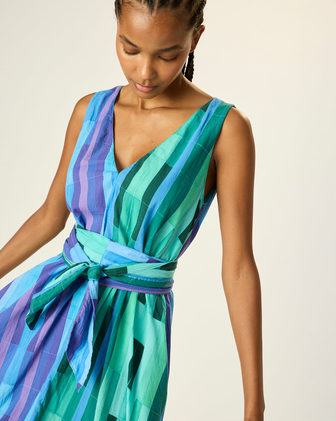 Natalie Martin Tova Maxi with Matching Sash Belt in Sea Glass Cotton Green/Sea Glass Cotton Blue Combo