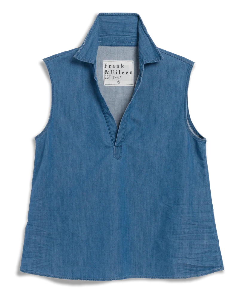 Blue sleeveless shirt with 'Frank & Eileen' label on a white background