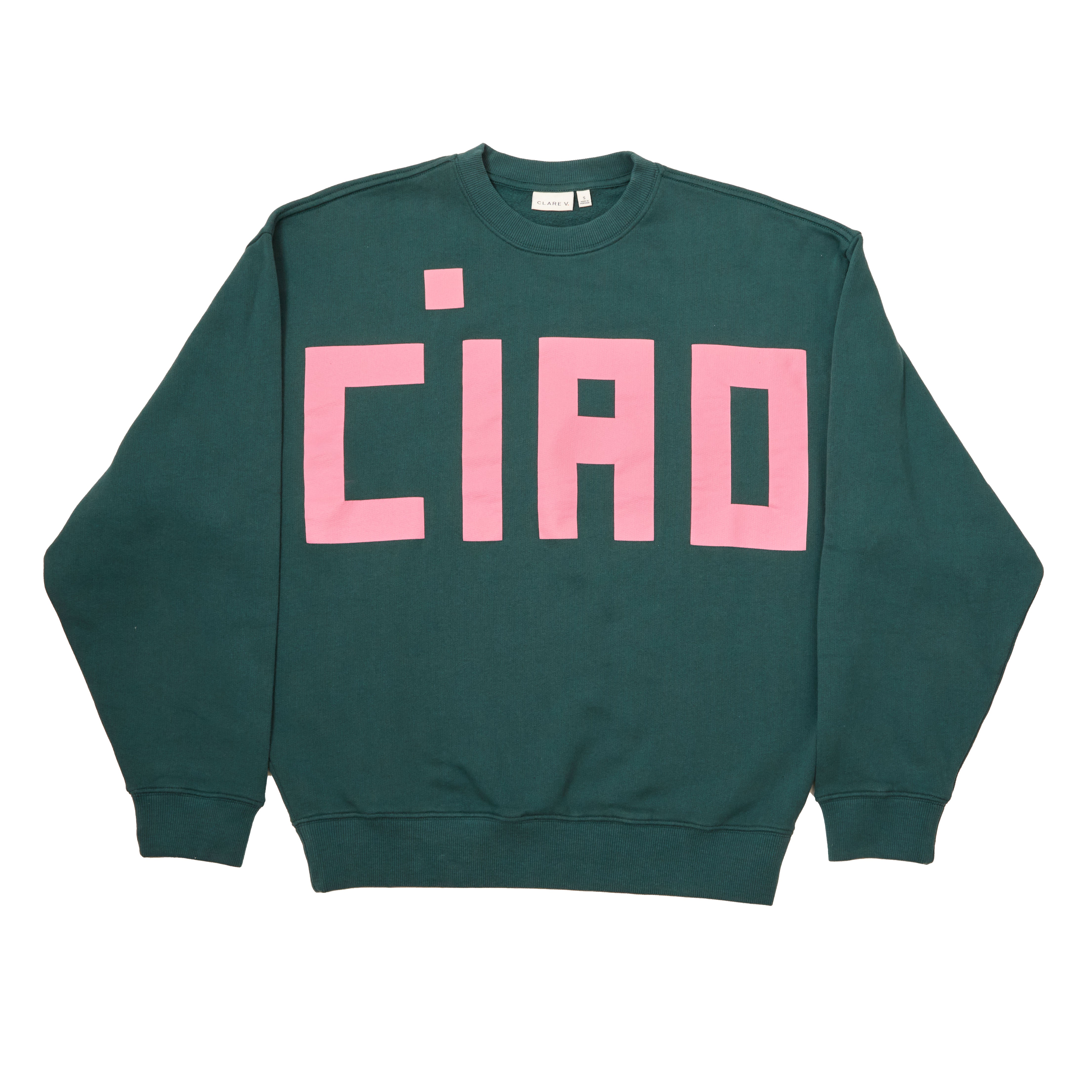 Deep Pine colored sweatshirt with CIAO written in pink