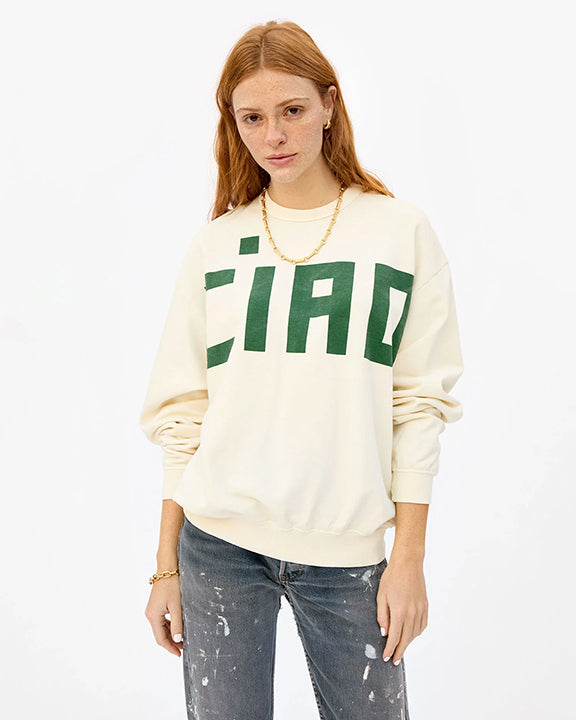 Clare V. Ciao Oversized Sweatshirt in Cream with Evergreen