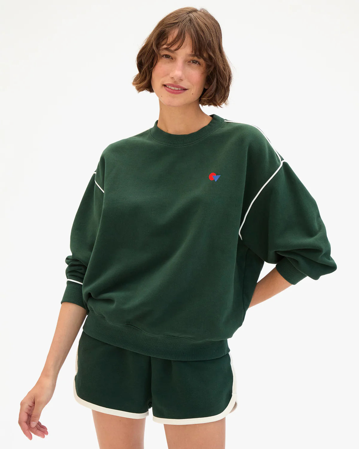 Clare V. Oversized Sweatshirt in Deep Forest with Cream Piping & Geo Les Sardines Patch