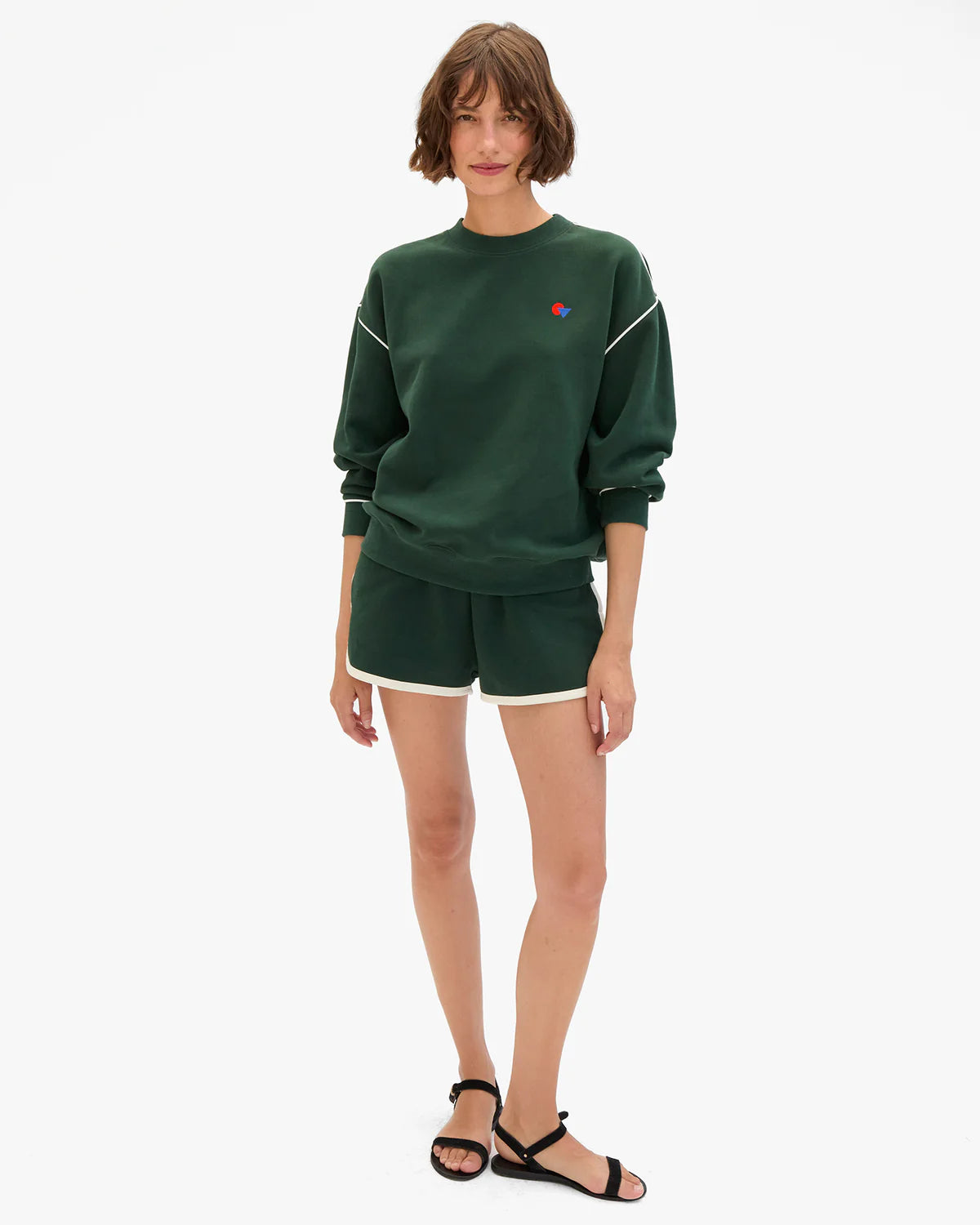 Clare V. Oversized Sweatshirt in Deep Forest with Cream Piping & Geo Les Sardines Patch