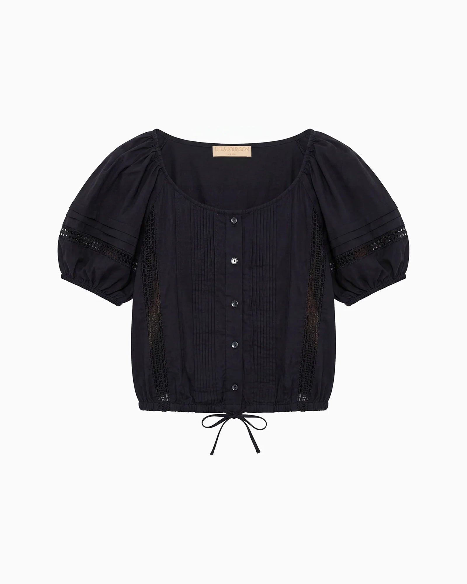 A black short-sleeve blouse with puff sleeves, a square neckline, vertical pleating on the front, decorative lace-up buttons, and a drawstring tie at the hem, shown against a plain white background.