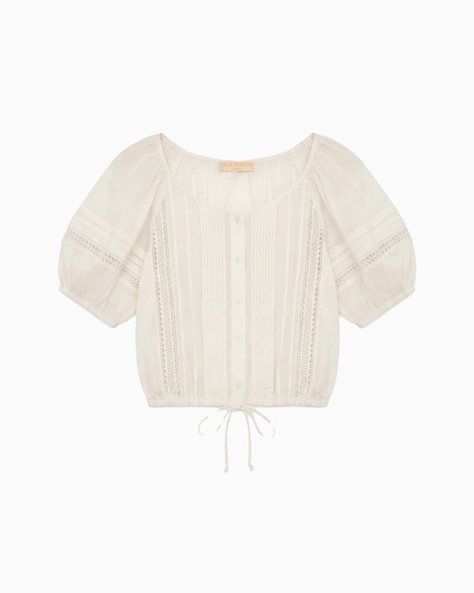 An off-white short-sleeve blouse with puff sleeves, vertical pleated detailing on the front, and a drawstring tie at the hem, shown against a plain white background.