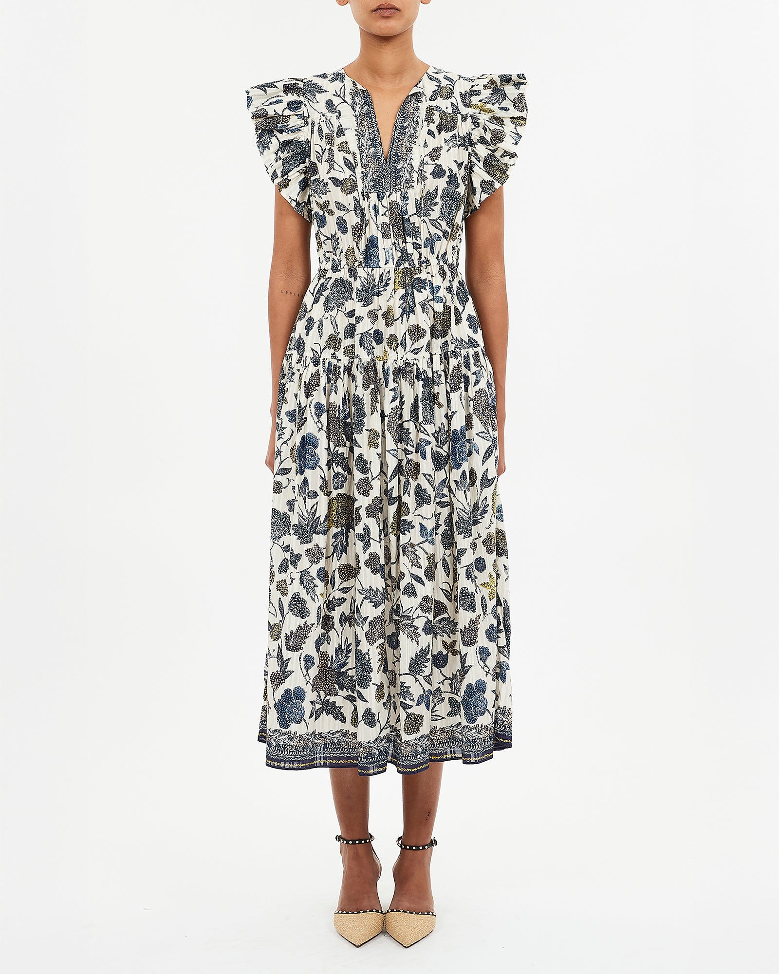 Ulla Johnson Kairi Flutter Sleeve Midi Dress in Porcelain