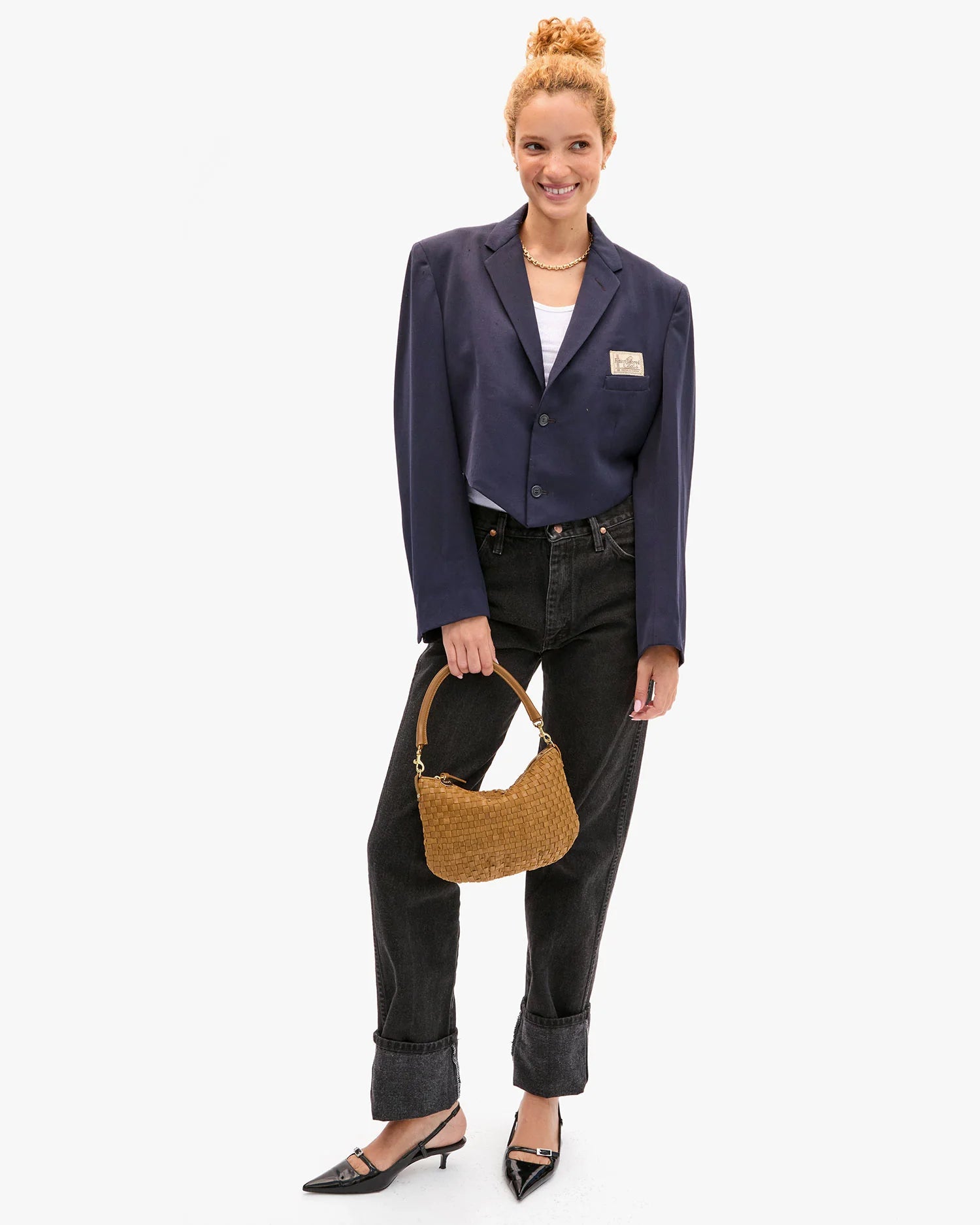 Clare V Petit Moyen Messenger- Leather & Suede Woven Checker
