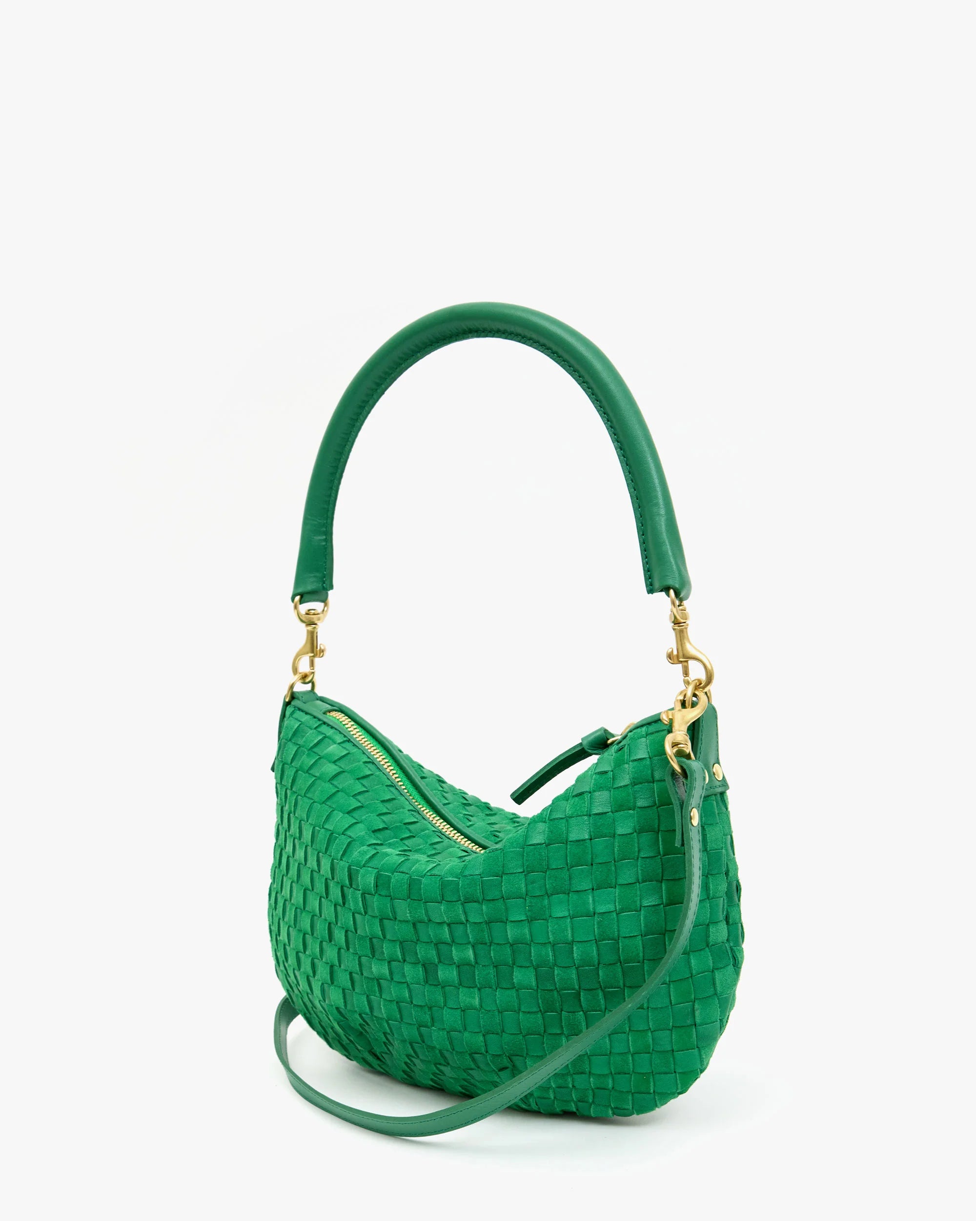 Clare V. Petit Moyen Messenger in Grass Suede Woven Checker