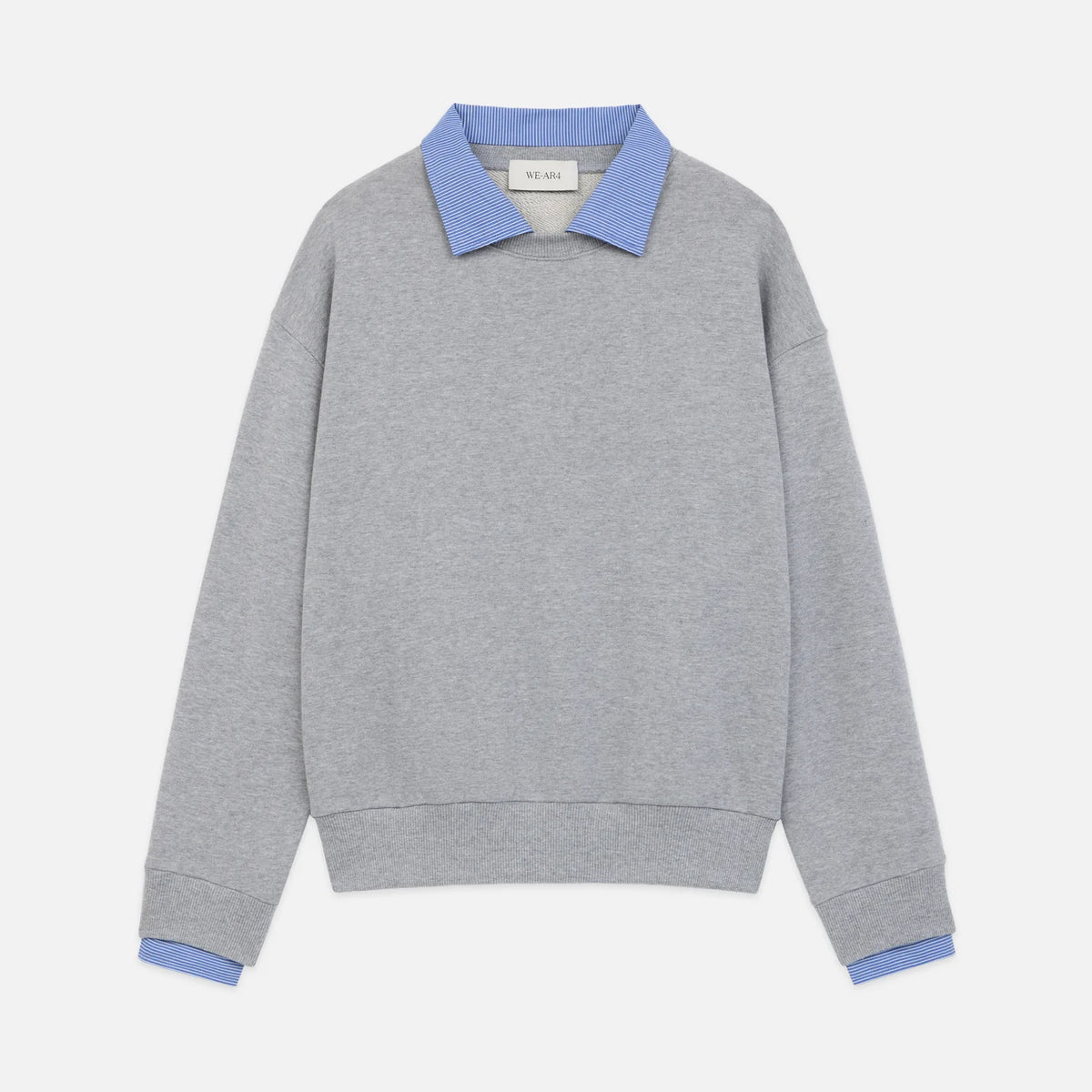 grey sweatshirt with blue shirting collar and sleeve detailing sen in.  
