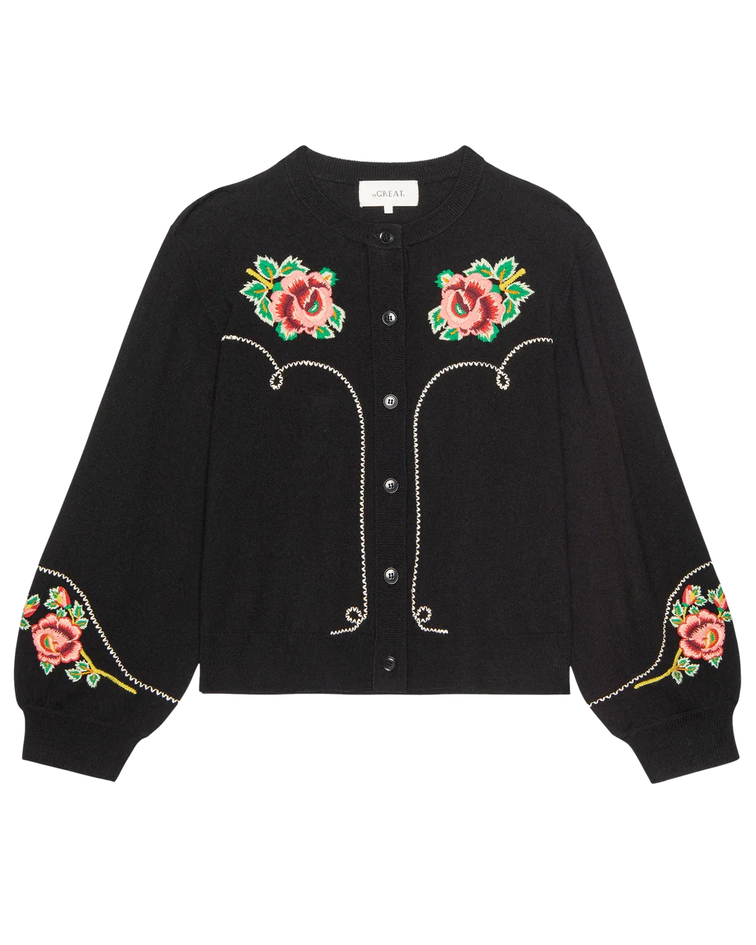 Black cardigan with floral embroidery on a white background