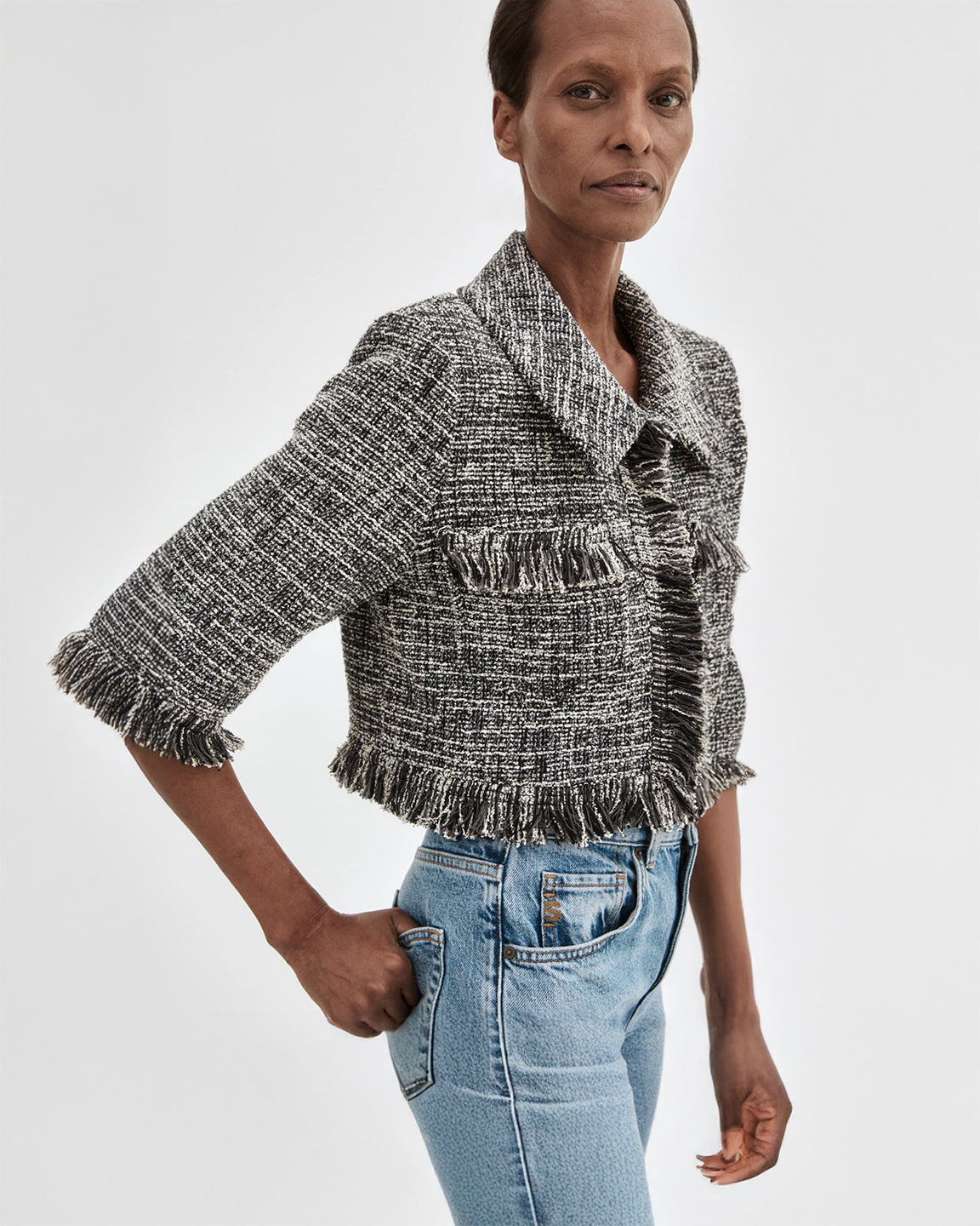 Smythe Cropped Sleeve Mini Jacket in Pepper Tweed