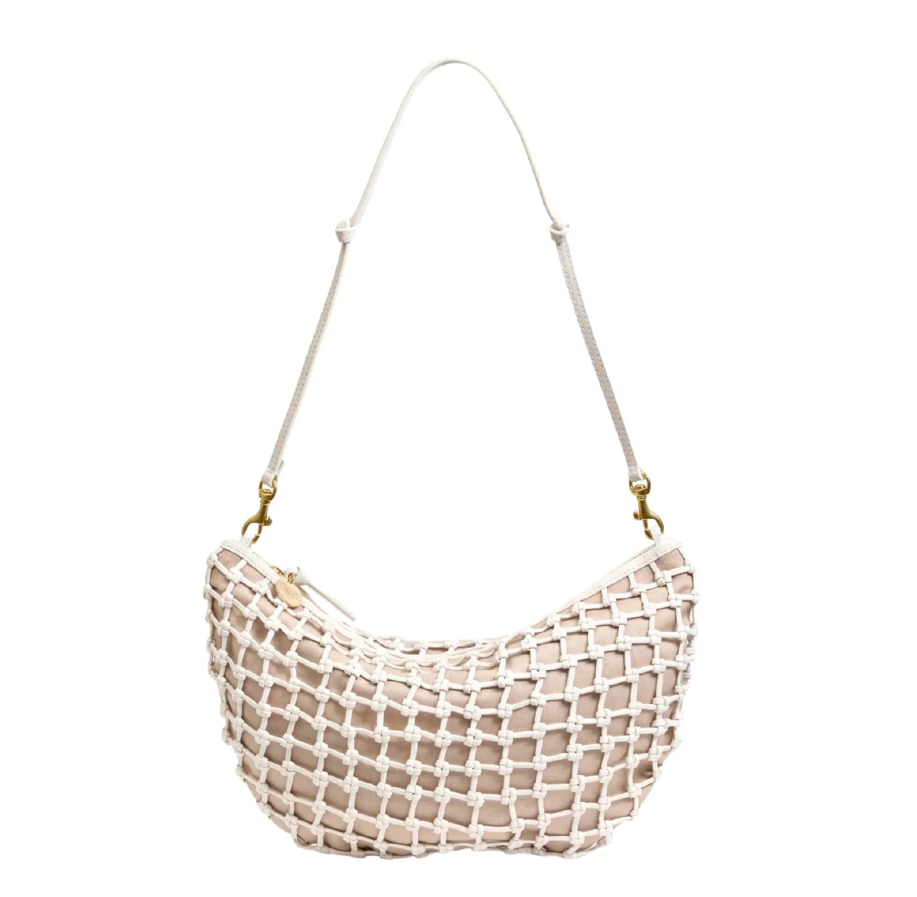 Beige woven handbag with a strap on a white background