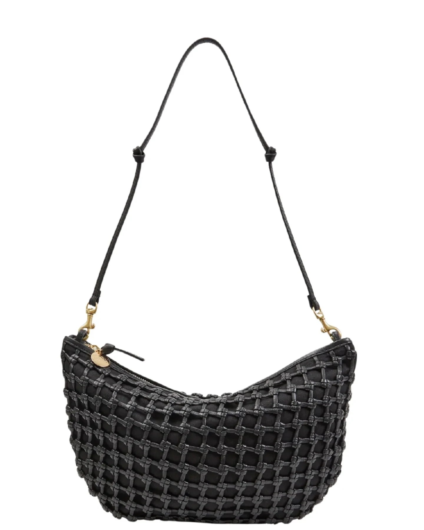 Black woven handbag with a strap on a white background