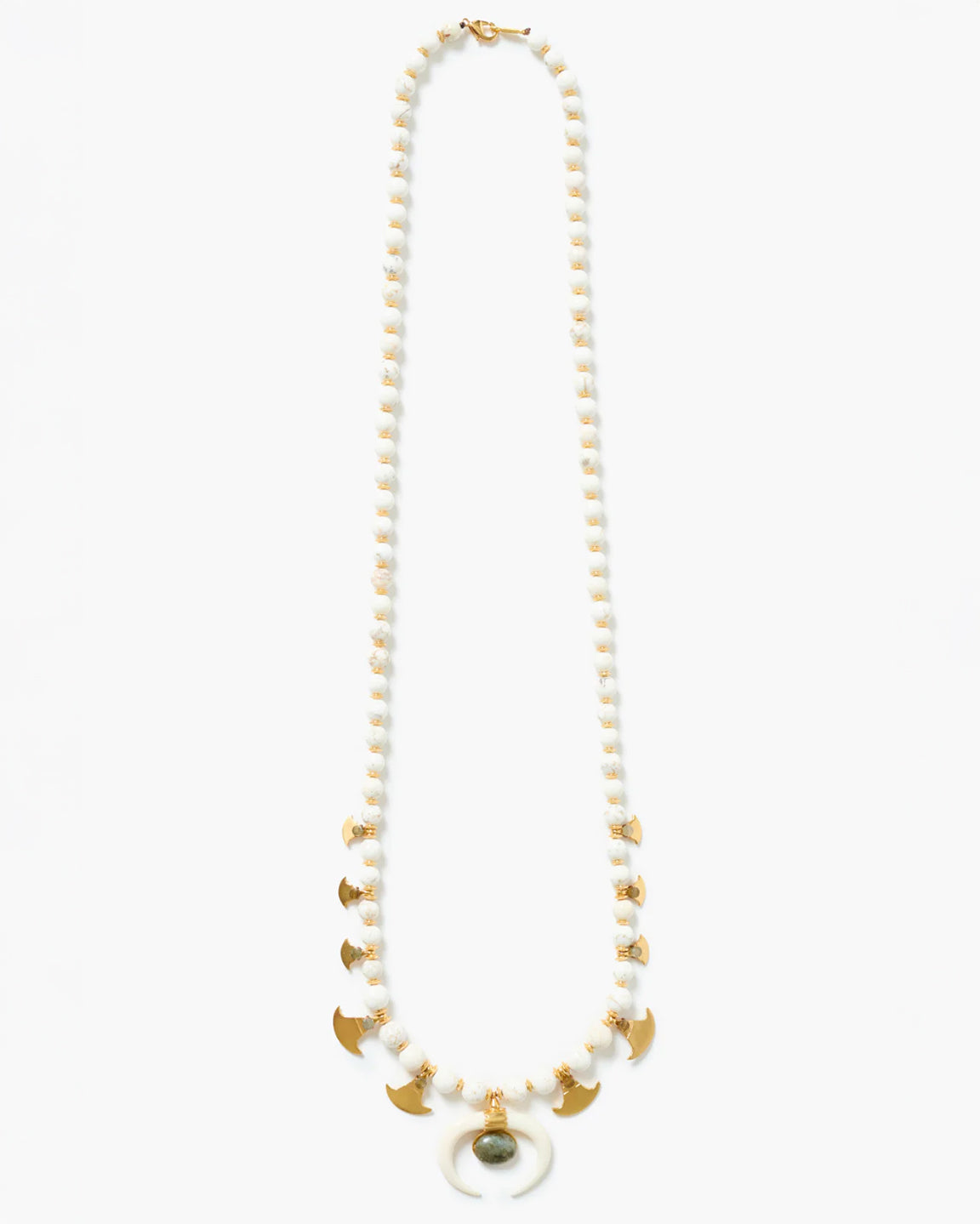 Chan Luu White Magnesite Beaded Necklace With Brass Detail Crescent Horn Labradorite