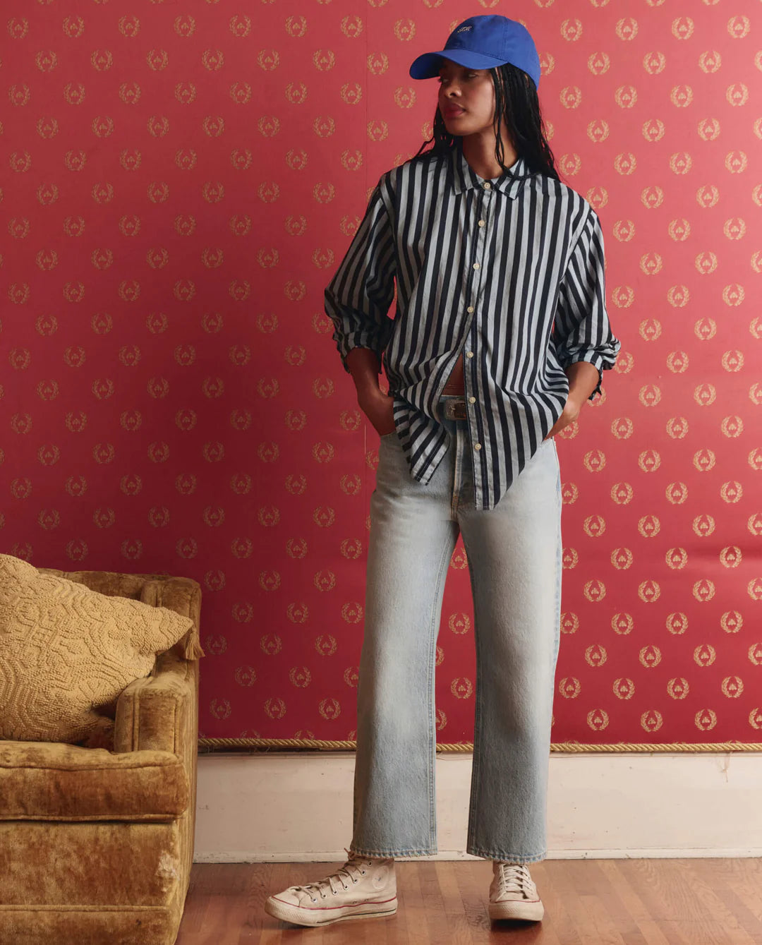 The Great. The Daily Button Up in Blue Club Stripe