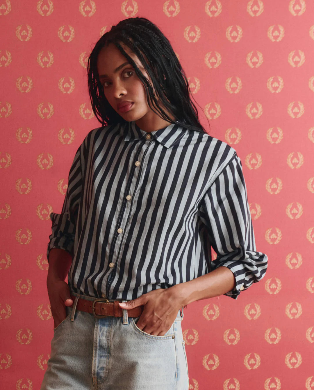 The Great. The Daily Button Up in Blue Club Stripe