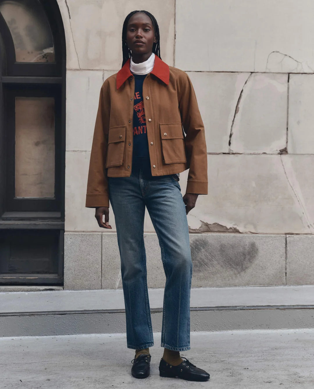 The Great. The Swingy Jacket in Rust with Bright Red