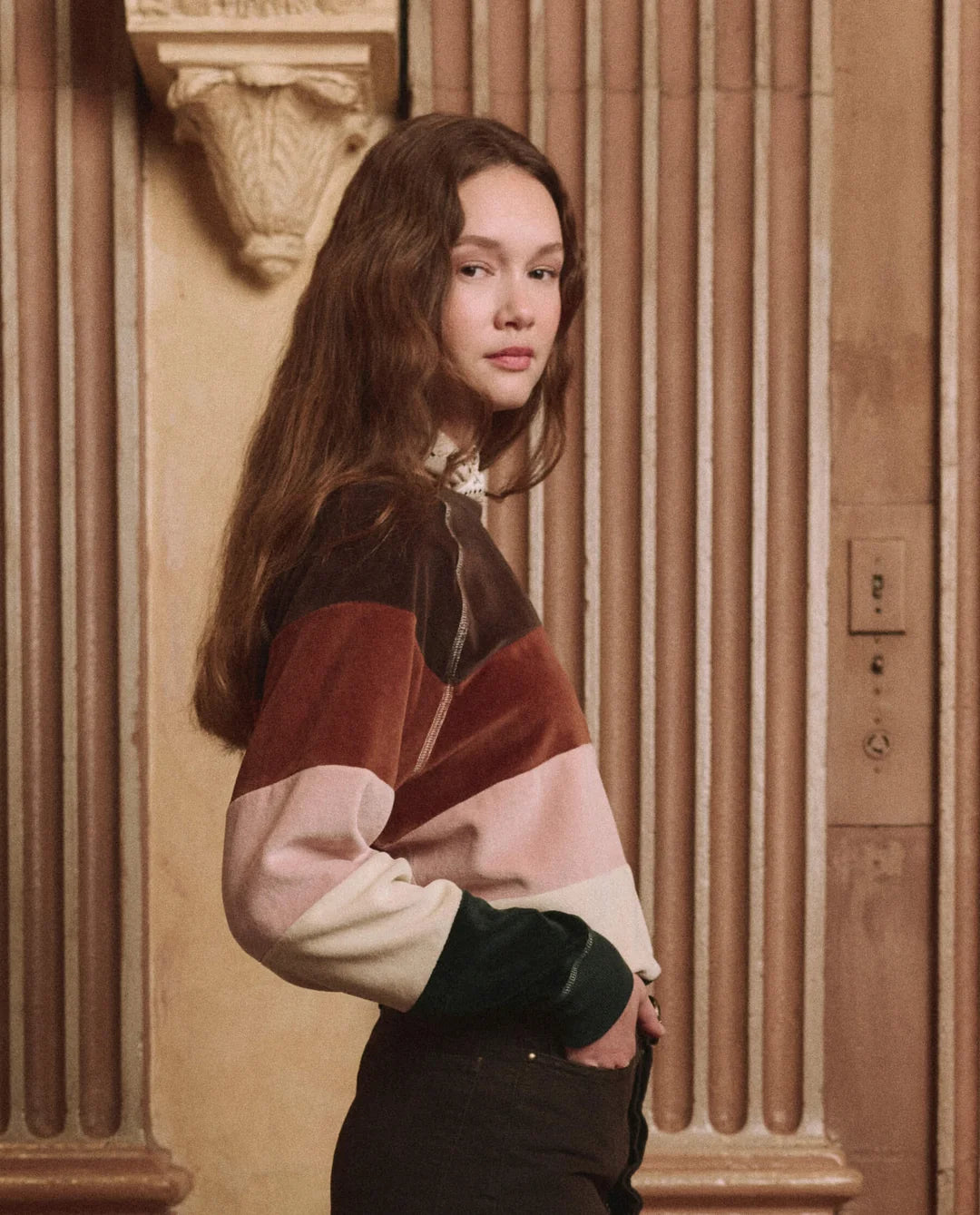 The Great. The Pieced Stripe Velour College Sweatshirt