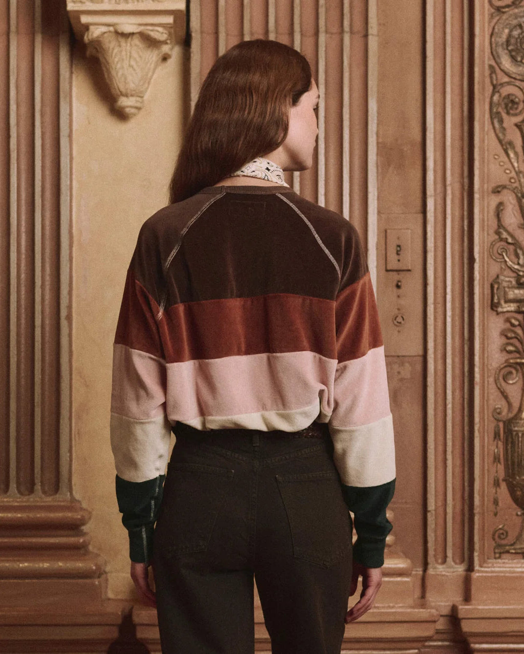 The Great. The Pieced Stripe Velour College Sweatshirt