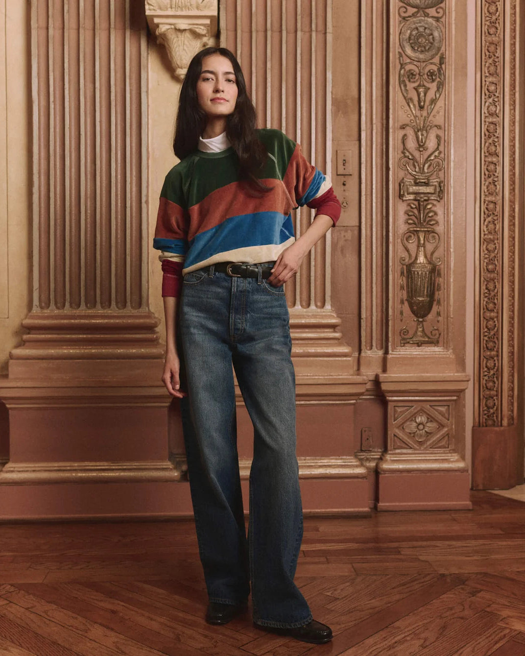 The Great. The Pieced Stripe Velour College Sweatshirt