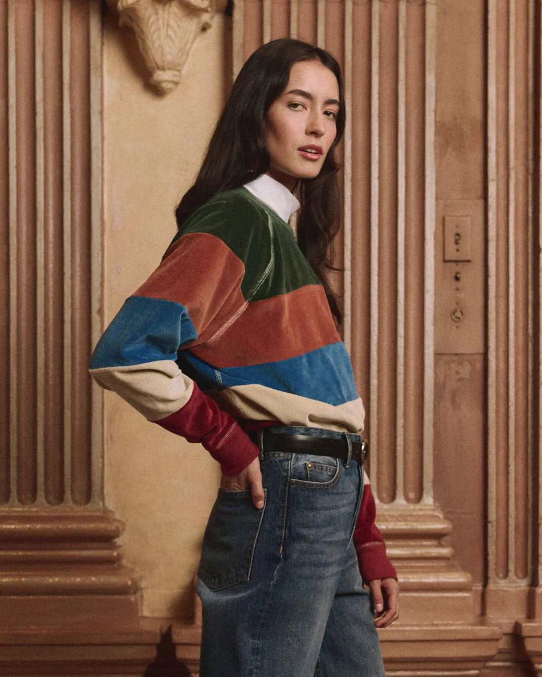 The Great. The Pieced Stripe Velour College Sweatshirt