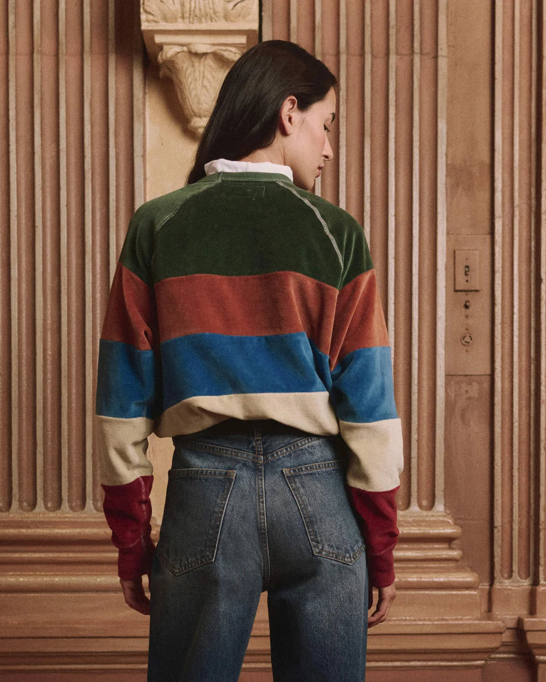 The Great. The Pieced Stripe Velour College Sweatshirt