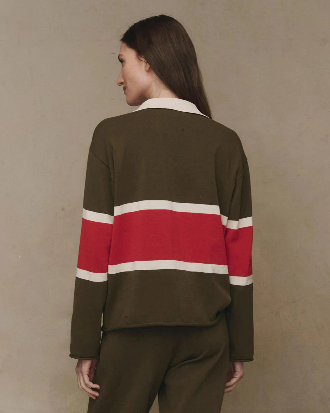 The Great. The Rugby Sweater in Army with Hot Red Stripe